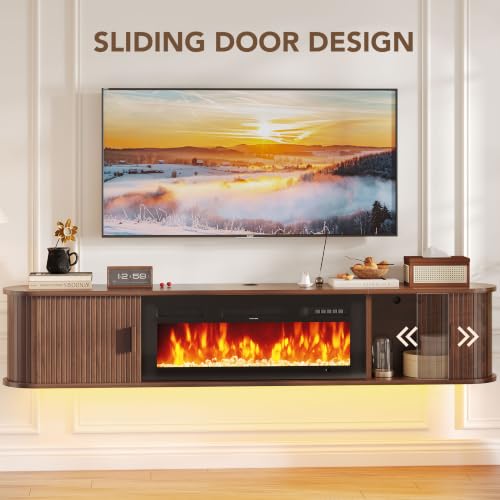80" Floating TV Stand with Electric Fireplace, Wall Mounted Fireplace TV Stand, view 6