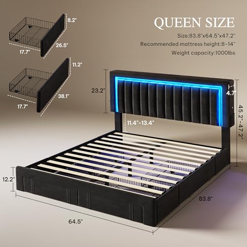 Queen Size Bed Frame with Adjustable Headboard, Black, view 3