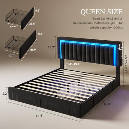 Queen Size Bed Frame with Adjustable Headboard, Black, view 3