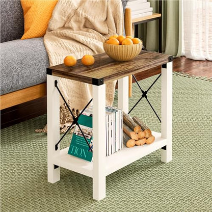 Farmhouse End Table for Small Spaces, Set of 2,Narrow Side End Table with Storage Shelf, Rustic X-Design Nightstand Sofa Table for Living Room, Bedroom White