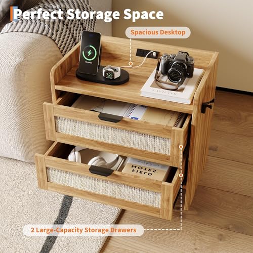 GAOMON Rattan Nightstand Set of 2, Modern Bedside Table with Type-c Charging, 2 Drawer Storage for Bedroom, Office & Living Room，Oak