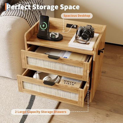 GAOMON Rattan Nightstand Set of 2, Modern Bedside Table with Type-c Charging, 2 Drawer Storage for Bedroom, Office & Living Room，Oak