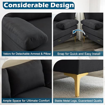 110" Modern Sectional Couch with 51" D Double Chaise, Black Deep Seat U Shaped Couch with Removable Pillows & Metal Legs, Comfy 4-Seat Sofas for Living Room, Linen Fabric