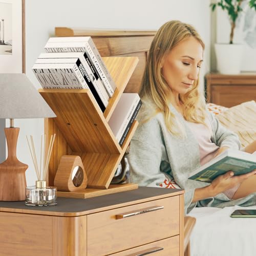 2 Tier Tree Bookshelf, Small Bookcase, Modern Wood Book Storage Rack Organizer, Freestanding Book Shelf for Books/Movies/CDs, Display Rack for Bedroom, Home Office, Natural UHBC012N