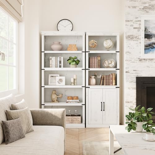 GAOMON Farmhouse Bookcases with Doors, 5 Tier Bookshelf with Storage, 70 inch Tall Bookshelf and Bookcase, Wooden Storage Cabinet for Living Room, Home, Office, Bedroom (Antique White)