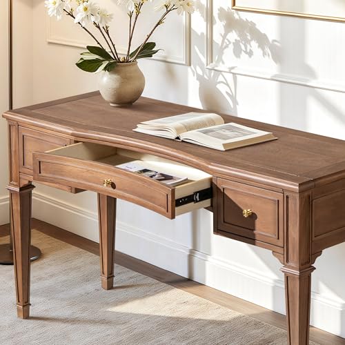 Jennifer Taylor Home JTH Luxe Dauphin 55" 3-Drawer Wood Executive Desk, Natural Brown Wood