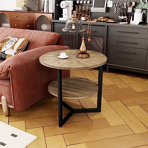 Round Side Table, Large 2-Tier End Table Nightstand with Metal Legs, Modern Bedside Couch Table for Living Room, Bedroom, Office, Rustic Natural/Black, 25.2 x 25.2 x 24 inches CJZ-1338