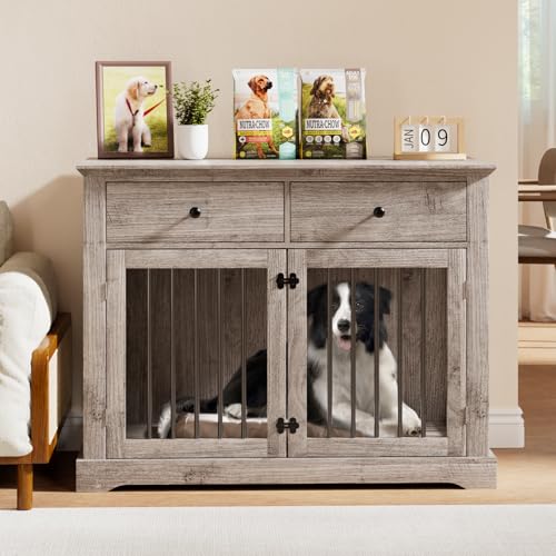 Large Dog Crate Furniture with 2 Drawers, 44 Inch Wooden Dog Kennel Indoor, view 6