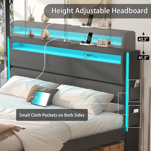 King Size Bed Frame with Headboard, Upholstered LED Bed Frame, Light up, view 6