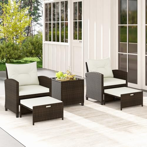 5 Pieces Patio Conversation Set, PE Wicker Outdoor Furniture Set with 2 Chairs, 2 Ottomans & Tempered Glass Coffee Table, Ideal for Poolside, Backyard, Lawn, Deck, Mix Brown & Off White