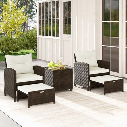 5 Pieces Patio Conversation Set, PE Wicker Outdoor Furniture Set with 2 Chairs, 2 Ottomans & Tempered Glass Coffee Table, Ideal for Poolside, Backyard, Lawn, Deck, Mix Brown & Off White