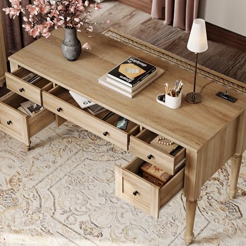 Farmhouse Executive Desk with Drawers, 56 Inch Writing Desk, Oak, view 6