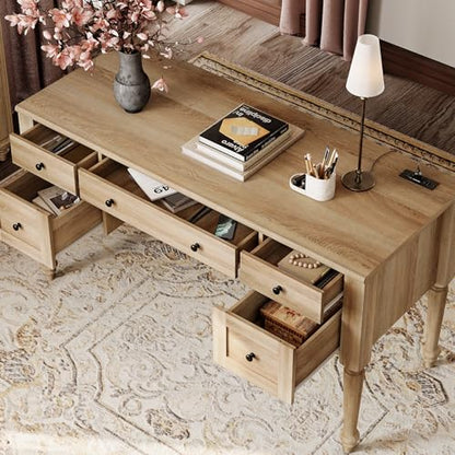 Farmhouse Executive Desk with Drawers, 56 Inch Writing Desk, Oak, view 6