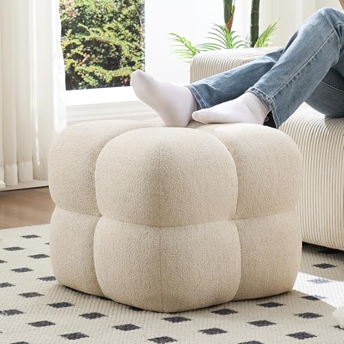 Beige Modern Ottoman, 21" Square Funky Pouf Ottoman, Linen Fabric Upholsered Foot Rest, Small Coffee Table & Couch Footstool & Vanity Chair for Living Room Bedroom, Dorm, Cute Pouf Home Decor