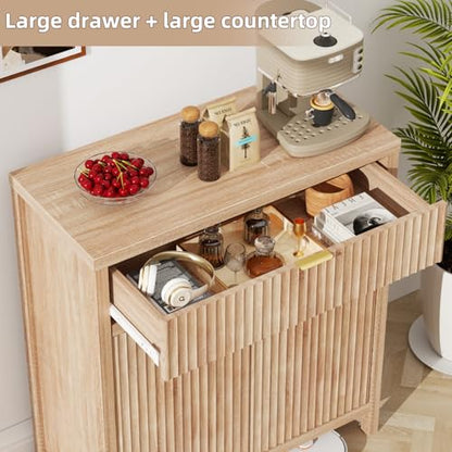Wooden Sideboard Buffet Cabinet with Drawer and 2 Doors, Modern Fluted Storage Cabinet for Dining Room, Kitchen, Living Room, Entryway – Oak Finish