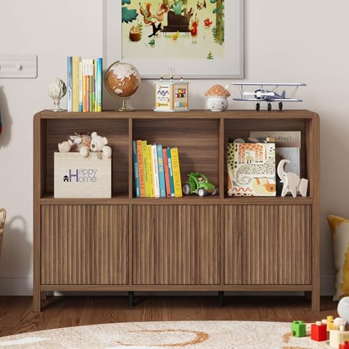 6 Horizontal Bookcase with 3 Doors, Low Farmhouse Cube Storage Organizer, view 8