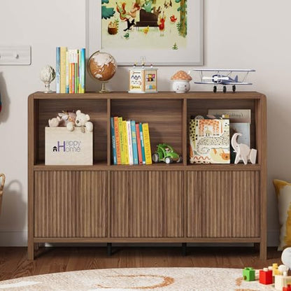 6 Horizontal Bookcase with 3 Doors, Low Farmhouse Cube Storage Organizer, view 8