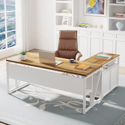 L Shaped Desk with Drawer, 63" Executive Computer Desk and lateral File Cabinet, view 2
