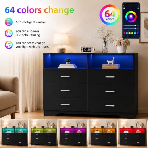 6 Drawer Dresser with Power Outlets and LED Wooden Chest of Drawers with Large, view 5
