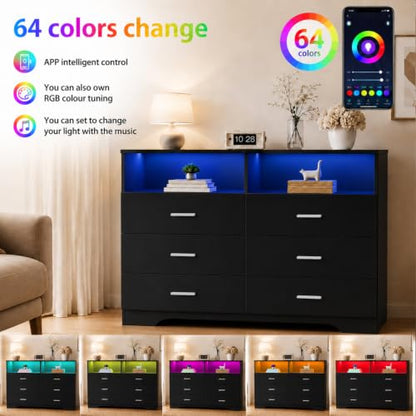 6 Drawer Dresser with Power Outlets and LED Wooden Chest of Drawers with Large, view 5