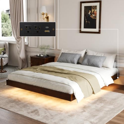 Floating Solid Wood Queen Bed Frame with Motion Sensor LED Light & Charging, view 2