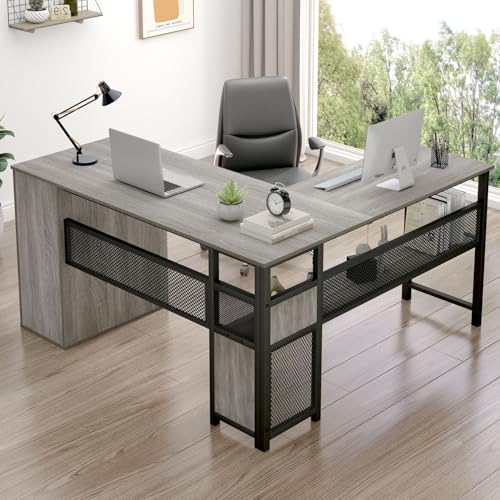 Reversible Gray L Shaped Corner Desk, Farmhouse Wood Computer Desk with File Drawers Cabinets, Large Work Study Executive Home Office Desk with Storage Shelves for Bedroom, Light Grey Oak, 59 Inch