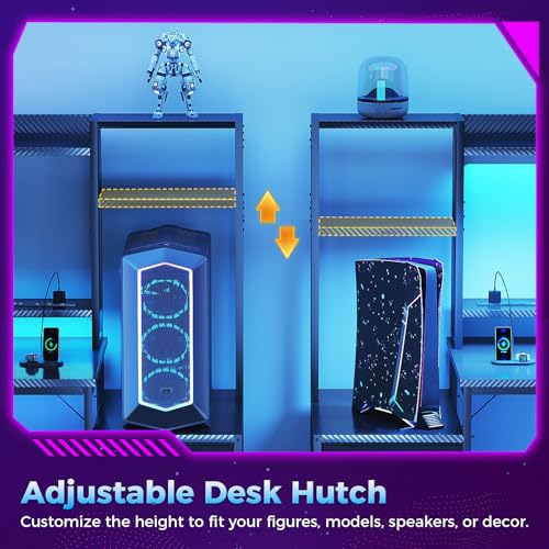 55 Inch Gaming Desk with Hutch & LED Lights & PC Tower Stand, view 6