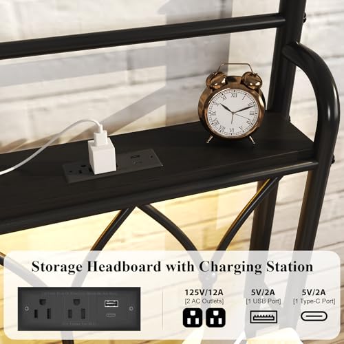Full Size Metal Bed Frame with Storage Headboard, Charging Station, Black, view 4