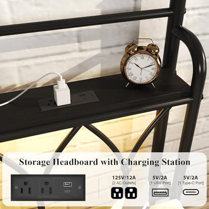 Full Size Metal Bed Frame with Storage Headboard, Charging Station, Black, view 4