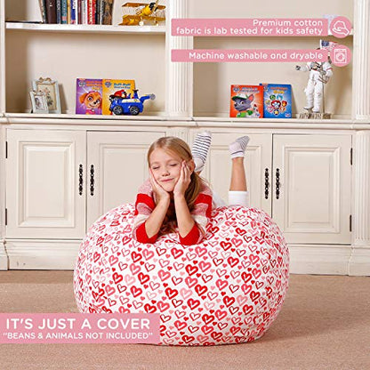 Stuffed Animal Bean Bag Storage Chair, Beanbag Covers Only for Organizing Plush Toys, Turns into Bean Bag Seat for Kids When Filled, Medium 32"-Canvas Pattern Heart