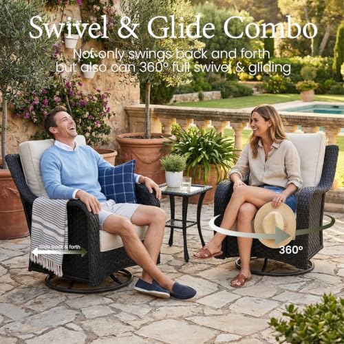 10 Piece Wicker Outdoor Furniture Set with 6-inch Comfy Cushions, High Back Patio Furniture Set with Swivel Rocking Chairs and Fire Pit Table
