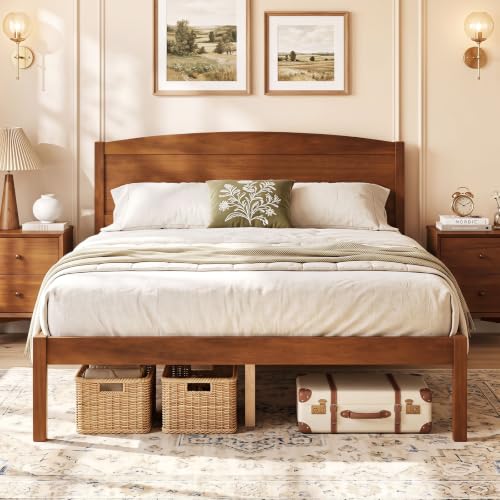 Full Size Wooden Bed Frame with Curved Headboard, Wood Slat Support, view 2