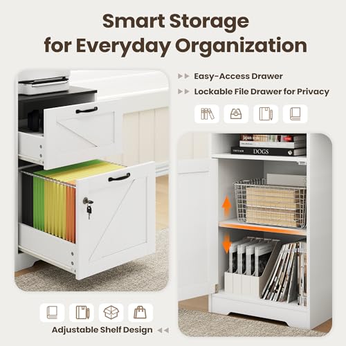 63" Farmhouse L Shaped Executive Desk, Corner Computer Desk with Drawers & Storage Shelf, Home Office Desk with Power Outlet, Monitor Stand, Wood Grain Desktop, White & Black