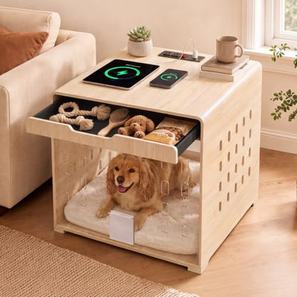 Modern Dog Crate Furniture Wooden Kennel with Charging Station End Table, view 2
