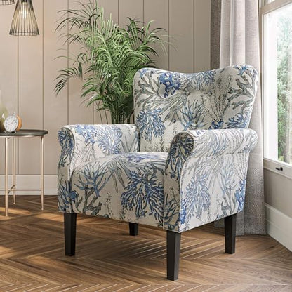 Modern Accent Chair for Living Room, High Back Linen Armchair with Wooden Legs, Upholstered Wingback Side Chair Padded Armrest Single Sofa for Living Room, Bedroom - Allston (Blue Coral)