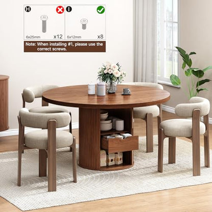 47 inch Round Dining Table for 4, Circle Kitchen Table with 2-Layer Storage Shelf and a Drawer, Modern Farmhouse Dinner Tables with Sliding Door and Wood Strip Base for Kitchen, Living Room (Walnut)