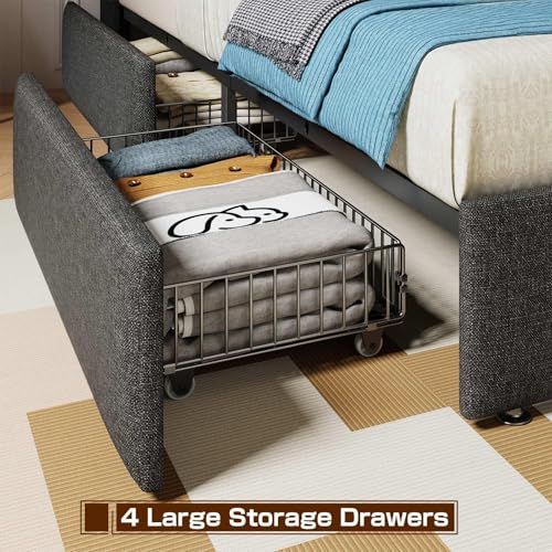 Queen Bed Frame with 4 Storage Drawers,and Led Headboard, view 6