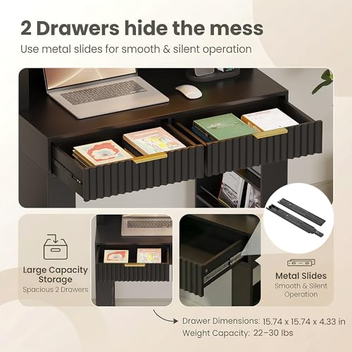 Arched Writing Desk with Hutch, Home Office Desk with 2 Drawers, Secretary Desk with Outlets, 3 Color LED Lights, Open Shelves, Computer Desk for Small Space, Bedroom 35.4" W x 70.8" H (Black)