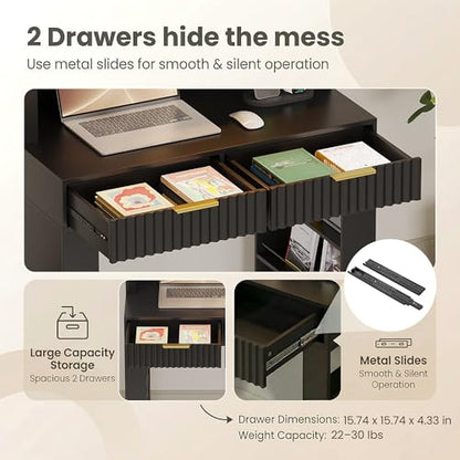 Arched Writing Desk with Hutch, Home Office Desk with 2 Drawers, Secretary Desk with Outlets, 3 Color LED Lights, Open Shelves, Computer Desk for Small Space, Bedroom 35.4" W x 70.8" H (Black)