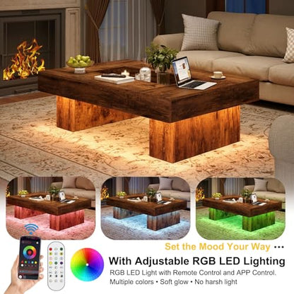 Rustic Coffee Table, Large Wood Living Room Table with Storage, Modern Long Rectangle Led Center Table, Farmhouse Unique Low Wide Tea Table with LED Light for Home Office, 47.24 in, Rustic Brown