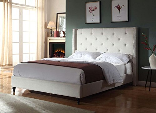 HomeLife Premiere Classics Cloth Light Beige Cream Linen 51" Tall Headboard Platform Bed with Slats Full - Complete Bed 5 Year Warranty Included-007