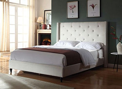HomeLife Premiere Classics Cloth Light Beige Cream Linen 51" Tall Headboard Platform Bed with Slats Full - Complete Bed 5 Year Warranty Included-007