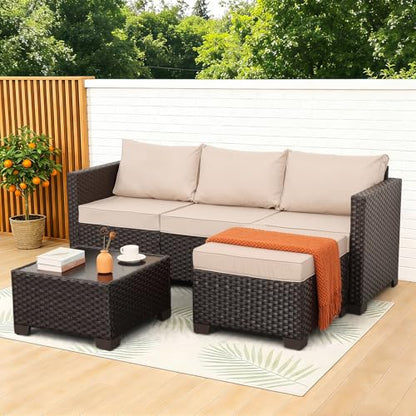 Patio Furniture Set 3 Piece Outdoor Sectional Sofa Set with Wicker Couch, Ottoman, Patio Table All-Weather Non-Slip Cushions and Waterproof Covers, Khaki
