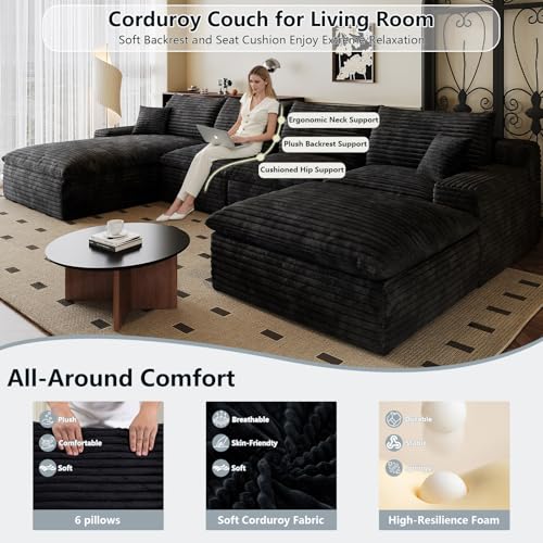 136" Cloud Sectional Couch U-Shaped Chaise with Ottoman, Corduroy Boneless Couch for Living Room Bedroom, Deep-Seat Upholstered Modular Cloud Sofa, No Assembly Required (Black, Left Facing Chaise)