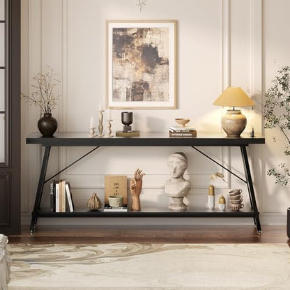 70.9 Inch Extra Long Console Table, Industrial Sofa Table Behind Couch with Charging Station & Storage Shelf, Entryway Table for Living Room & Entryway, Black