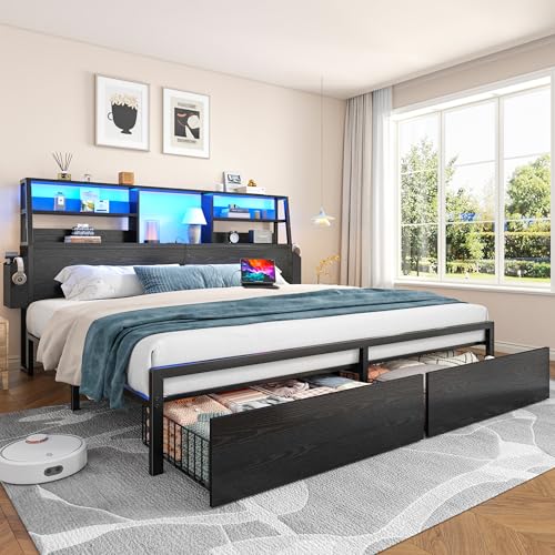 King Bed Frame with 3-Tier Storage Headboard&2 Drawers, Noise-Free, view 4