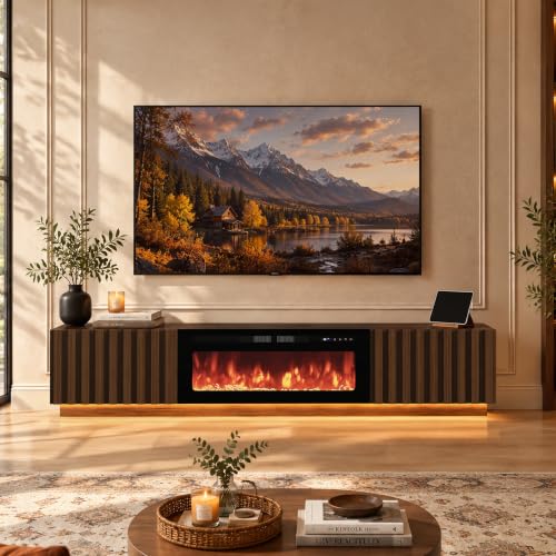 82.7" Fireplace TV Stand, Fluted TV Stands for Living Room, Walnut, view 4
