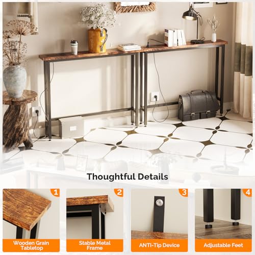 79" Console Table with Power Outlet, 5.9" Narrow Sofa Table Set of 2, Entryway Table with Charging Station & 4.9 Ft Extension Cord & Adjustable Feet, for Living Room, Hallway, Rustic Brown