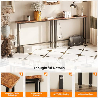 79" Console Table with Power Outlet, 5.9" Narrow Sofa Table Set of 2, Entryway Table with Charging Station & 4.9 Ft Extension Cord & Adjustable Feet, for Living Room, Hallway, Rustic Brown