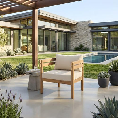 Idda Acacia Wood Lounge Chair Outdoor with Removable Cushion, Solid Wood Patio Accent Chair with Cushion, Patio Furniture Set Sofa Chair, Beige+Light Brown